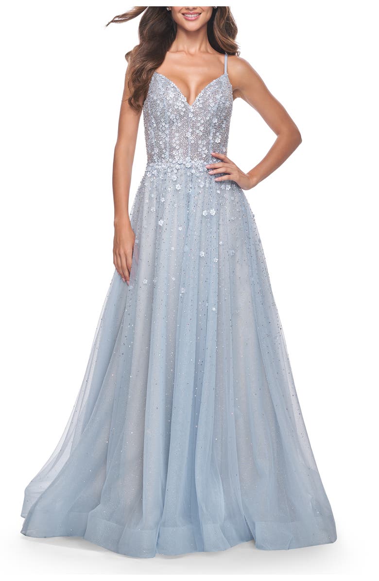 La Femme A-Line Tulle Gown with Unique Floral and Rhinestone Details, Main, color, Light Blue
