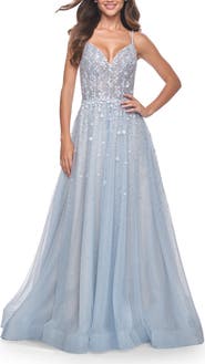 La Femme A-Line Tulle Gown with Unique Floral and Rhinestone Details