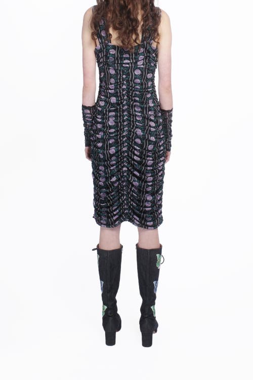 Anna Sui Rosetti Mesh Ruched Tie Dress In Black/lilac Multi