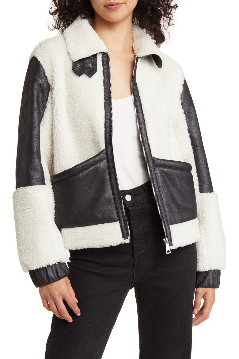 Faux Shearling & Faux Leather Jacket, Main, color, BLACK