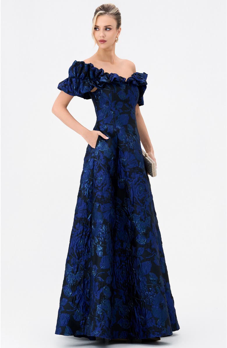 Bariano Maliyah Off Shoulder Gown, Alternate, color, Navy