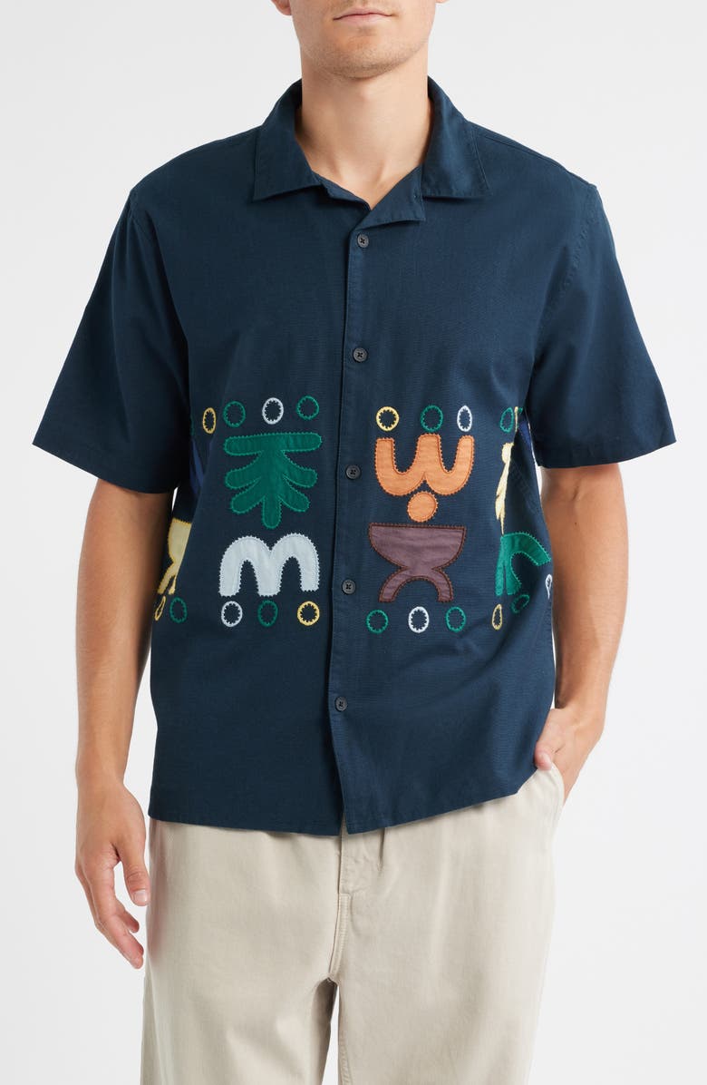 Wax London Didcot Bold Doodle Embroidered Cotton & Linen Camp Shirt, Main, color, Navy / Multi