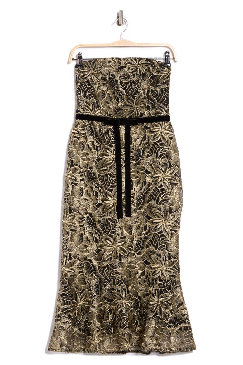 Leaf Embroidered Strapless Dress, Alternate, color, PLATINUM/ BLACK