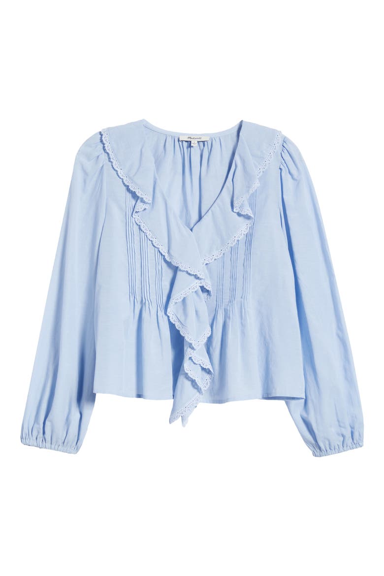 Lace Insert Ruffled Pintuck Long Sleeve Top, Alternate, color, TRANQUIL BLUE