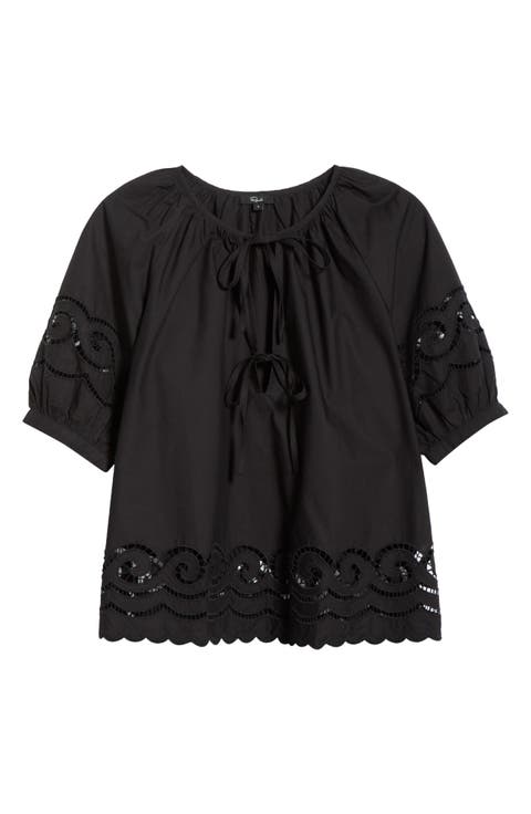 Catalene Embroidered Eyelet Cotton Peasant Top