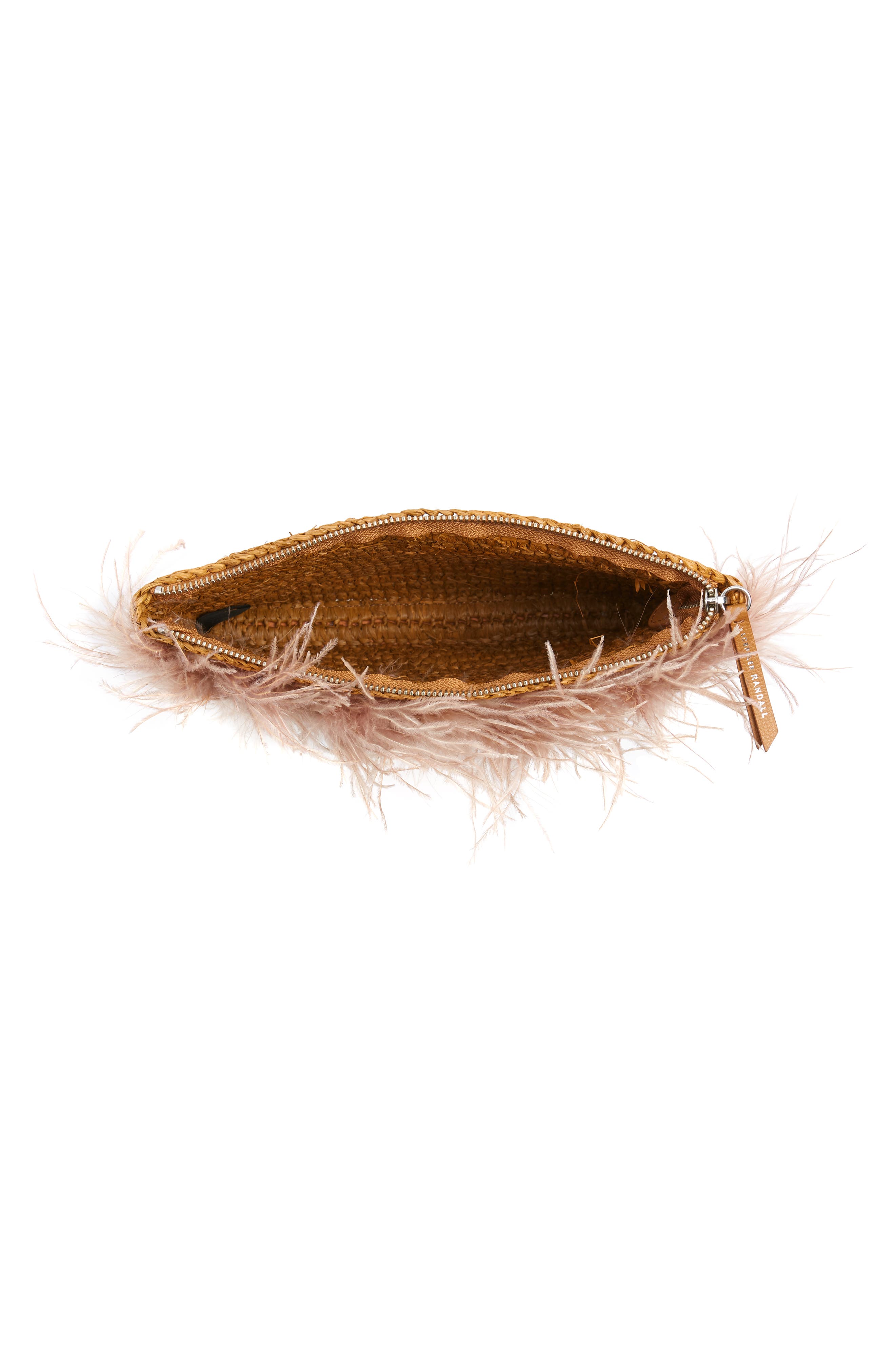 Feather Trim Straw Clutch, Alternate, color, MIEL/ BUFF PINK