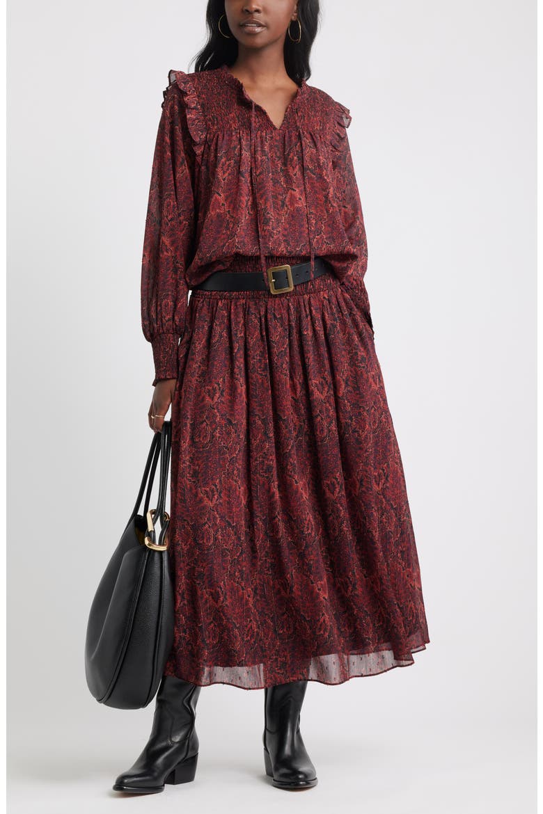 Smocked Wiast Maxi Skirt, Alternate, color, BLACK- RED GEMMA MEDALLION