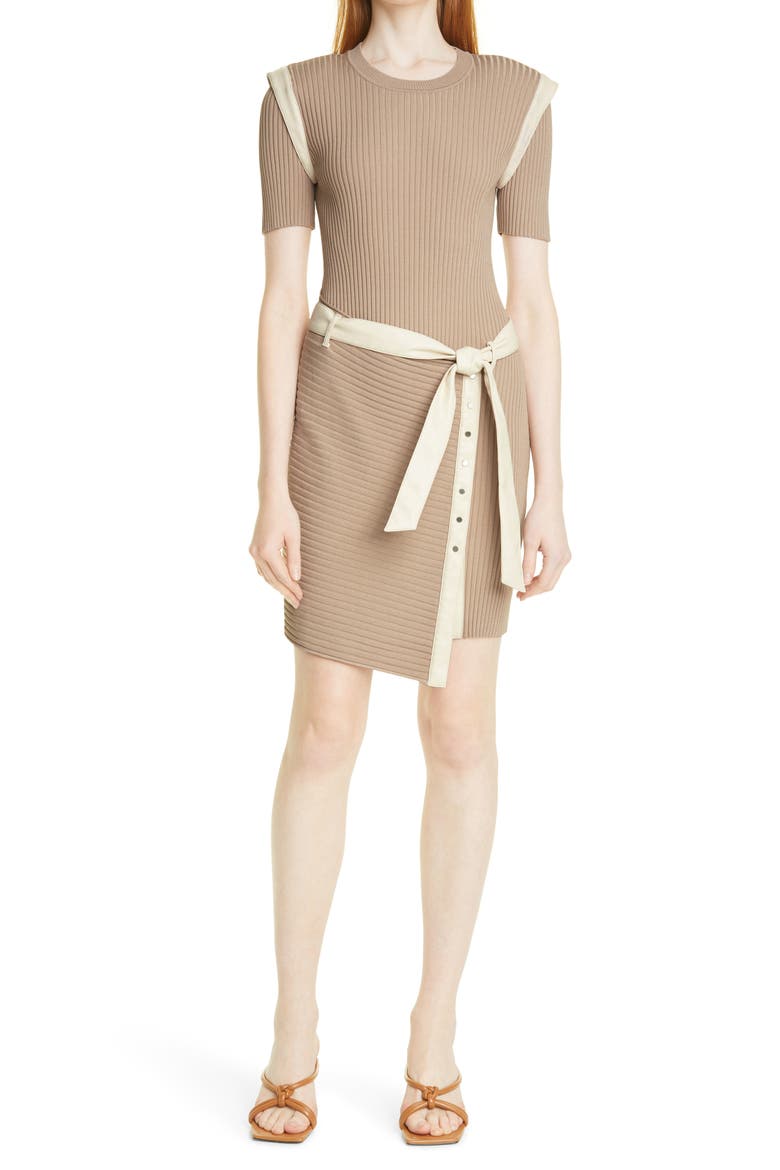 Jonathan Simkhai Hardin Compact Ribbed Belted Short Sleeve Dress, Main, color, TAN/ PAPYRUS
