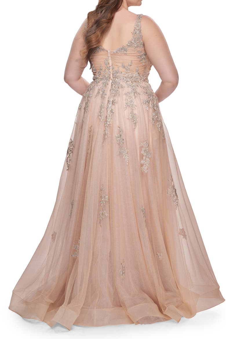 Lace Embellished Tulle A-Line Dress with Illusion Back, Alternate, color, Champagne