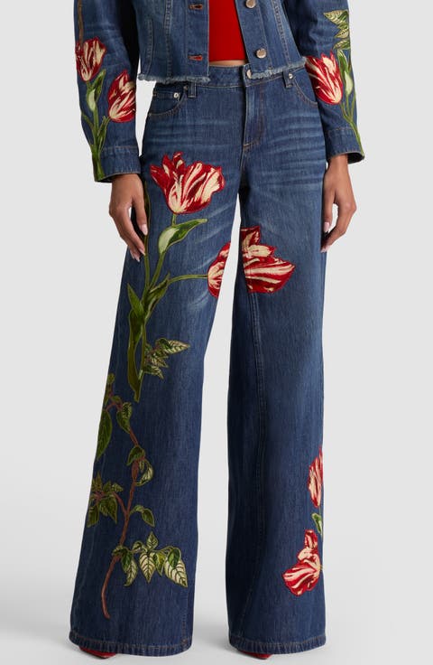 Amazing Low Rise Baggy Wide Leg Embroidered Jeans