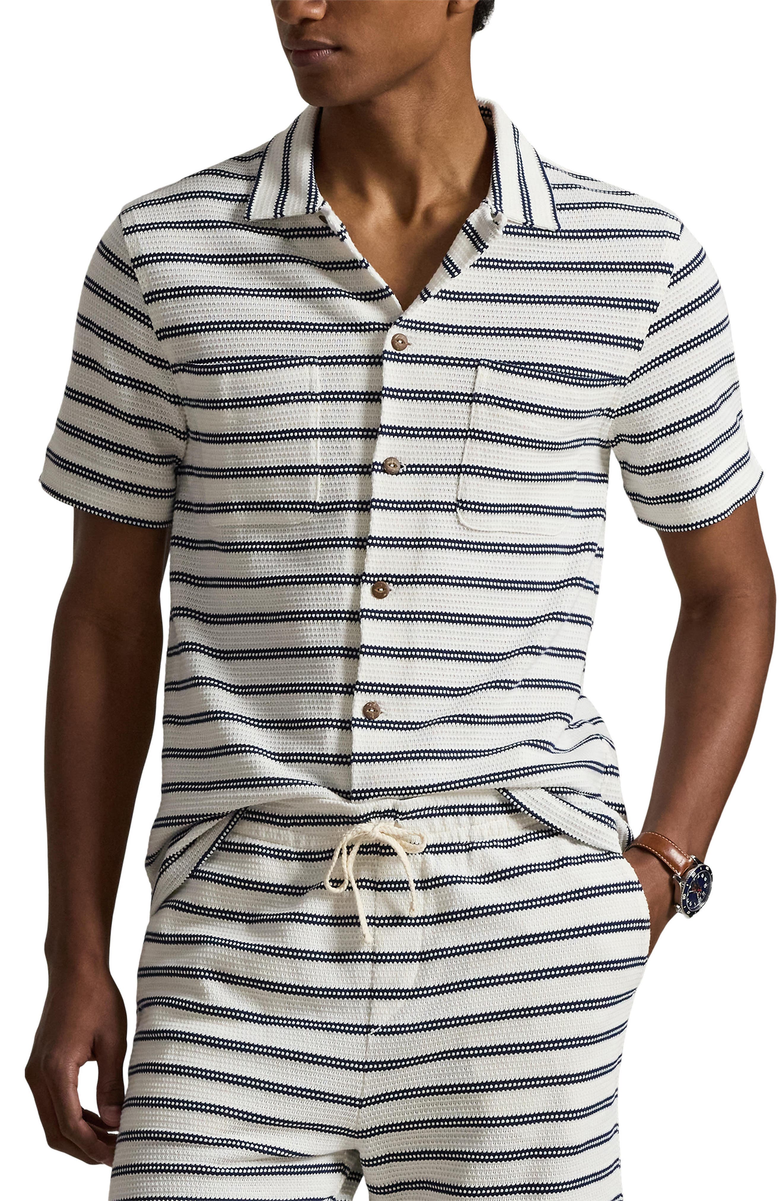 Stripe Pointelle Camp Shirt