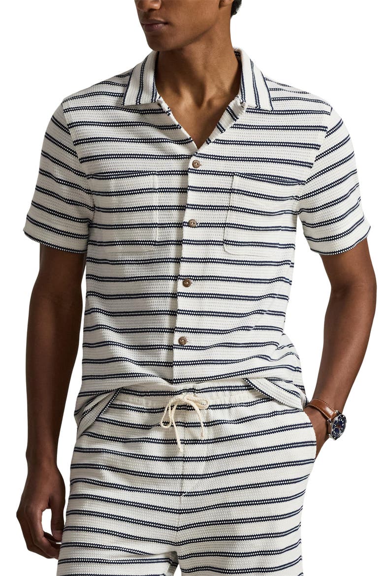 Stripe Pointelle Camp Shirt, Main, color, PALE CREAM/ NEWPORT NAVY