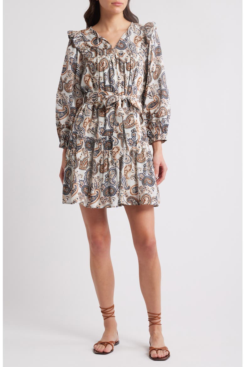 Gracelyn Paisley Long Sleeve Organic Cotton Minidress, Main, color, NUTMEG PAISLEY IVORY