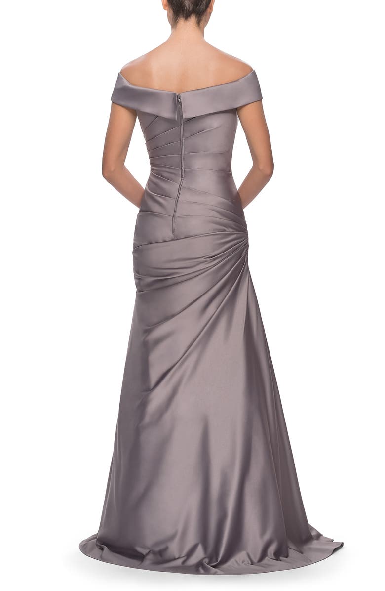 La Femme Off the Shoulder Ruched Satin Trumpet Gown, Alternate, color, 