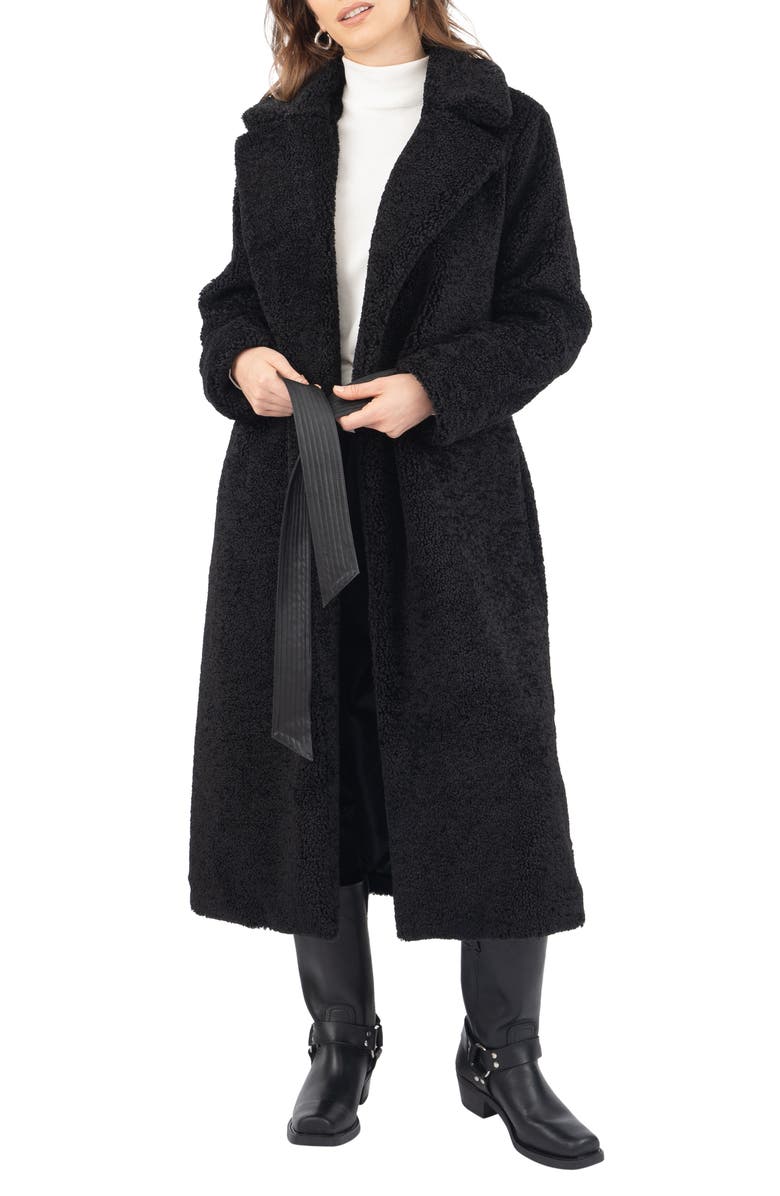 Frye Faux Leather Belted Faux Shearling Coat, Main, color,