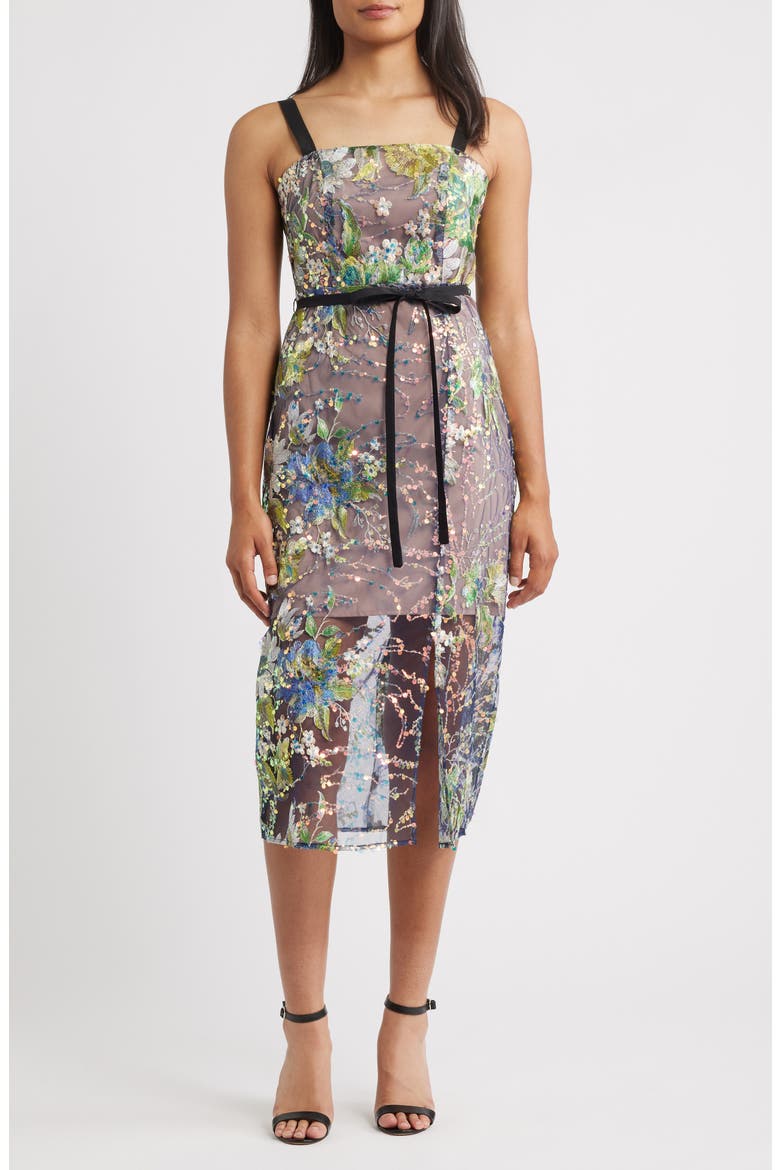 Embroidered Floral Sequin Cocktail Dress, Main, color, GREEN MULTI