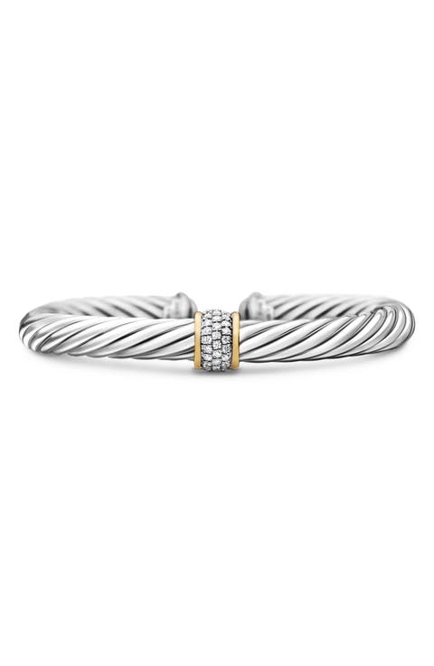 Classic Cable Station Bracelet in Sterling Silver with 18K Yellow Gold and Pavé Diamonds, 7mm