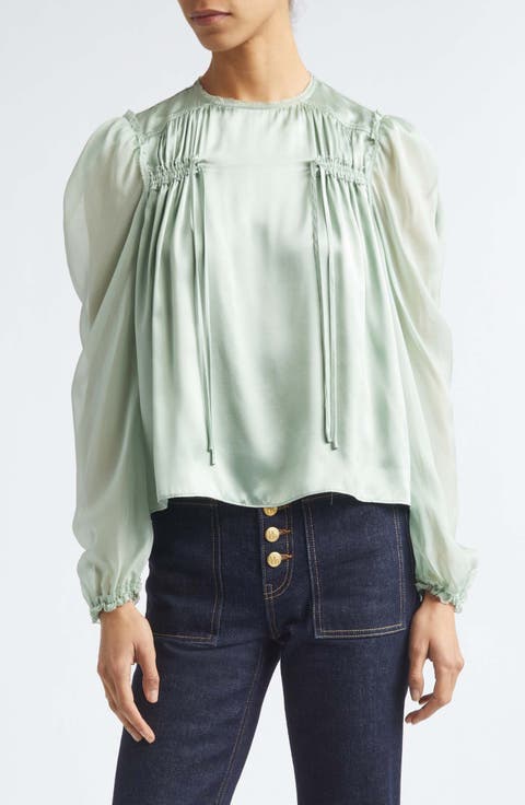 Odette Pleated Silk Sheer Balloon Sleeve Top