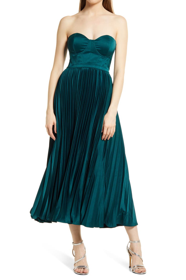 Milan Pleat Corset Satin Gown, Main, color, EMERALD GREEN