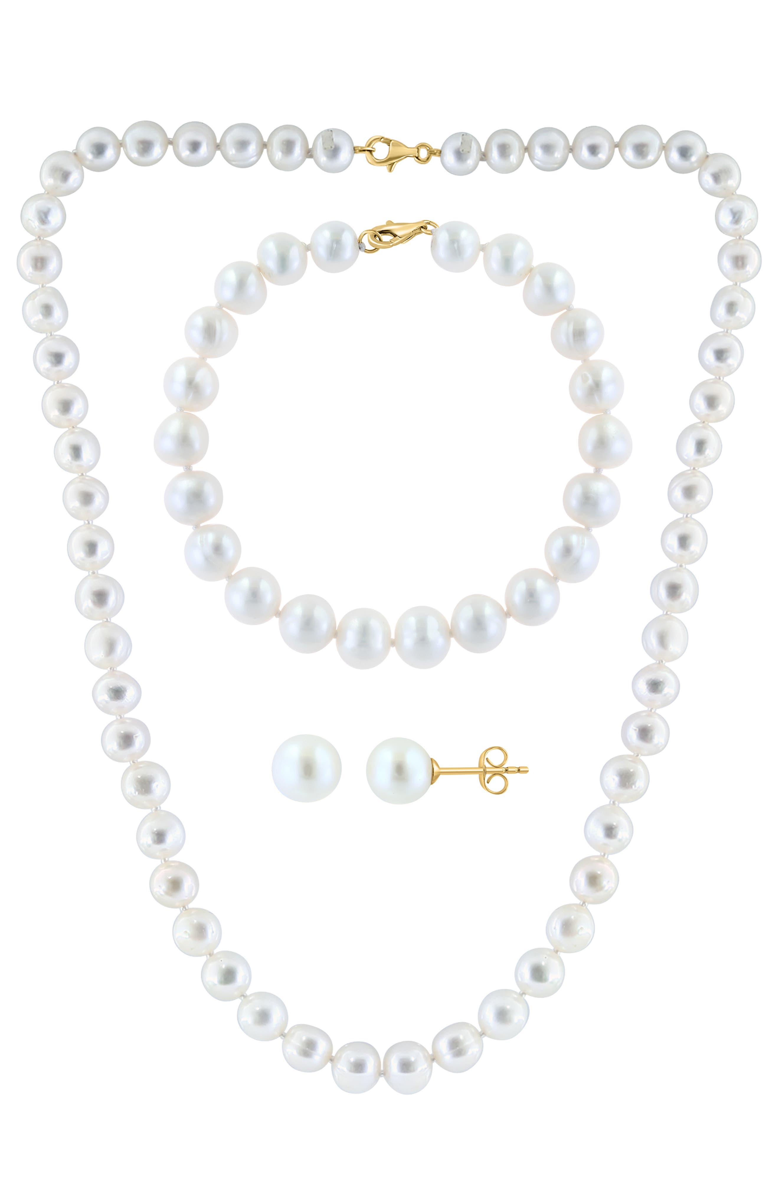 EFFY 14K Yellow Gold 7–7.5mm Freshwater Pearl Stud Earrings, Bracelet & Necklace Set
