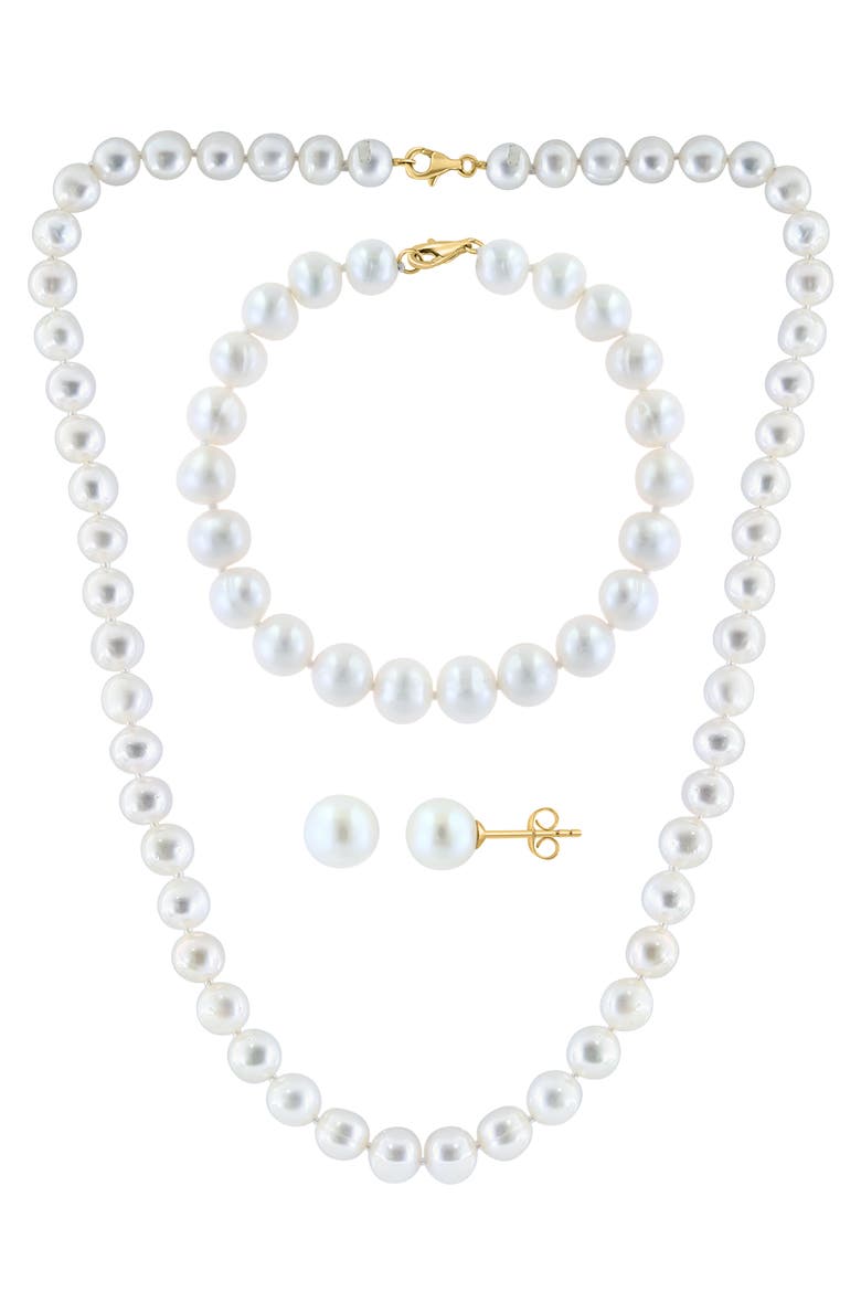 14K Yellow Gold 7–7.5mm Freshwater Pearl Stud Earrings, Bracelet & Necklace Set, Main, color, WHITE
