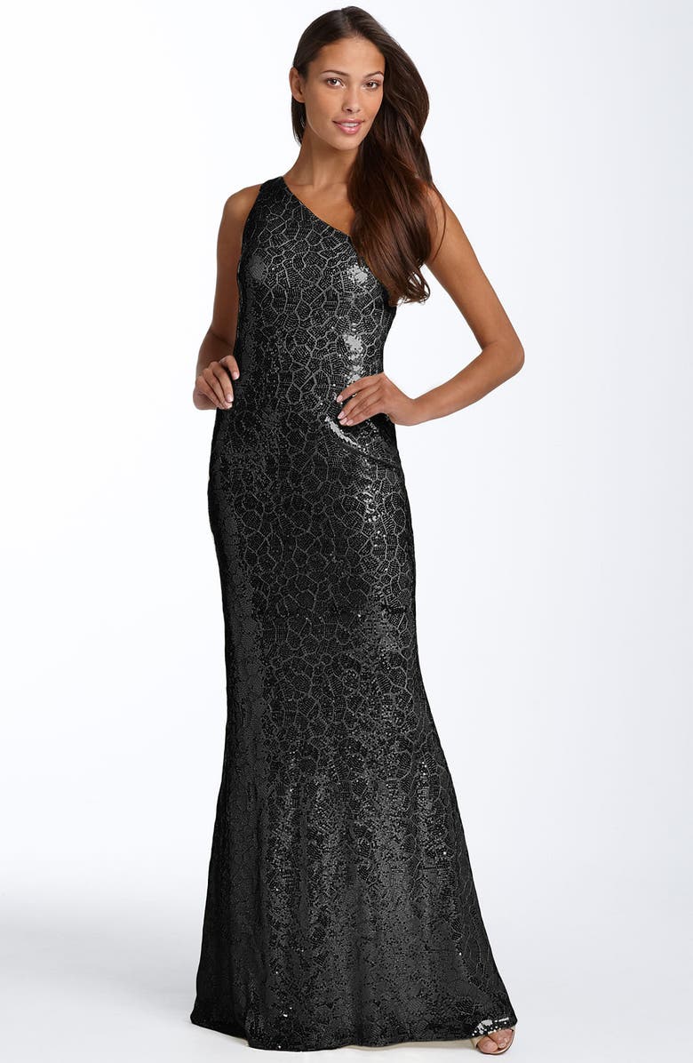 JS Boutique One Shoulder Sequin Gown, Main, color, 
