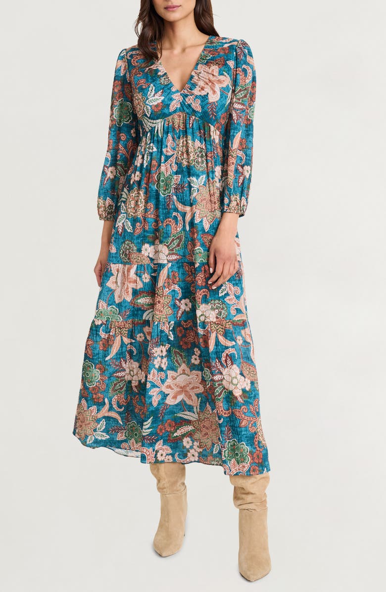 The Good Journey Floral Long Sleeve Empire Waist Tiered Maxi Dress, Main, color, Teal/ Brown