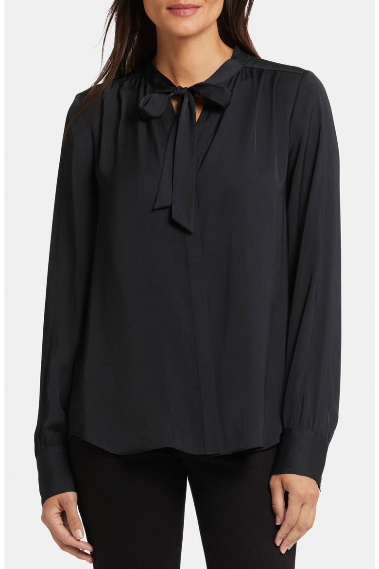 Tie Neck Satin Button-Up Shirt, Main, color, BLACK