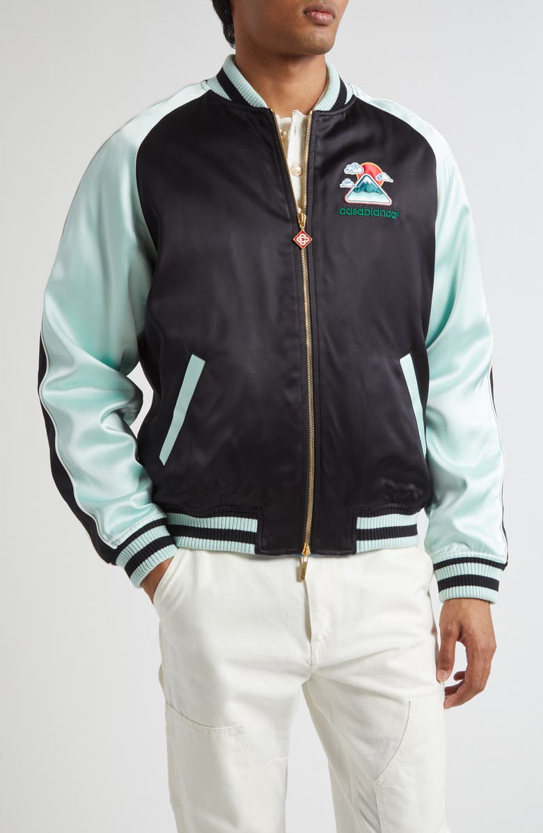 Casablanca Embroidered Satin Bomber Jacket, Main, color, Black