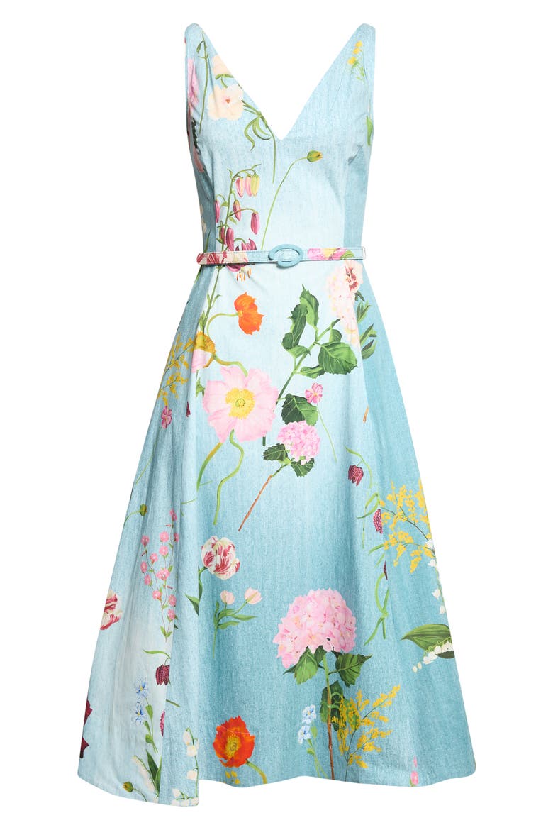 Botanical Belted Poplin Midi Dress, Alternate, color, BLUE MULTI