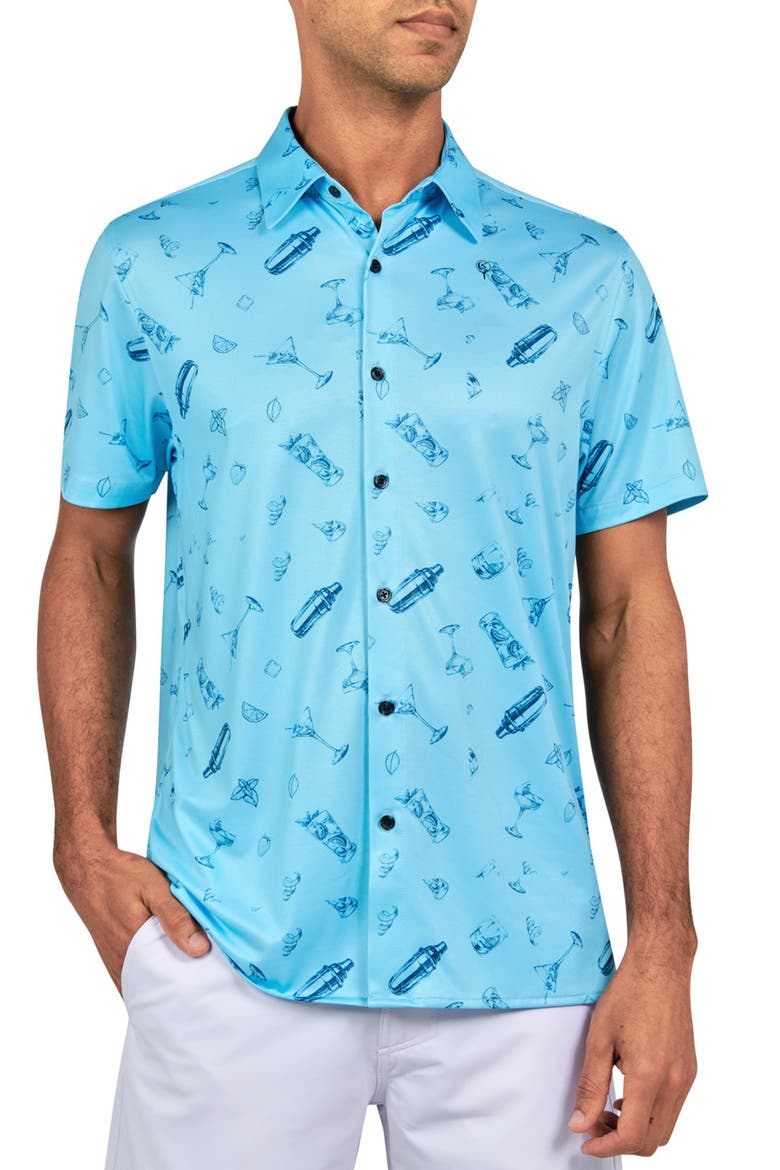Regular Fit Cocktail Print Recycled Performance Golf Button-Down Shirt, Main, color, AQUA