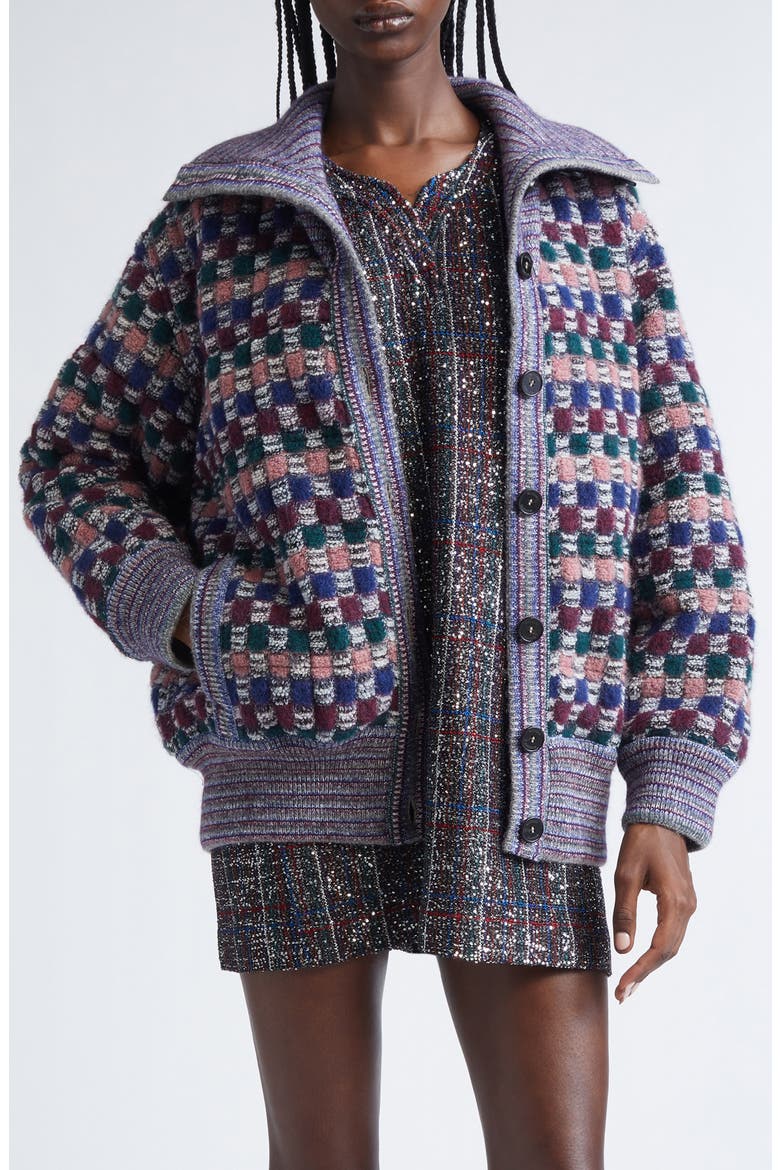 Check Jacquard Knit Bomber Jacket, Main, color, DARK AND PINK TONES