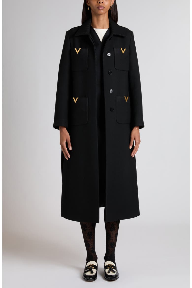 V-Detail Belted Virgin Wool & Silk Drill Coat, Alternate, color, BLACK