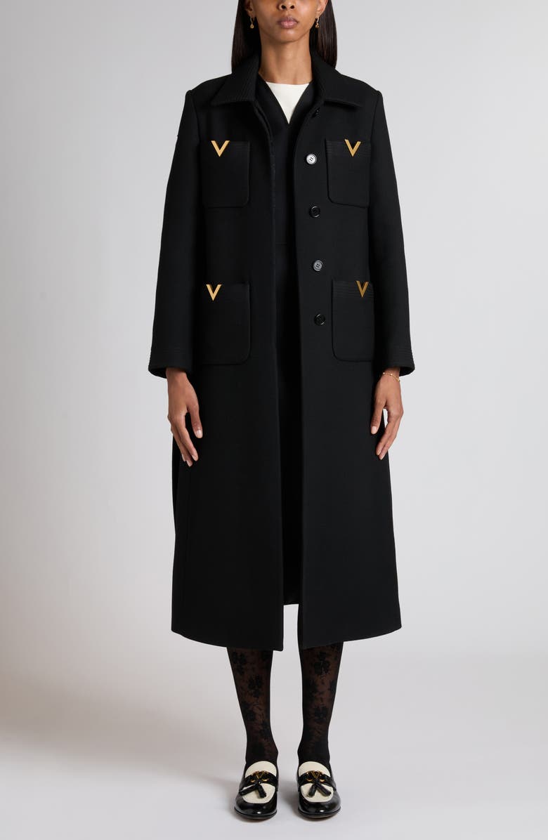 Valentino Garavani V-Detail Belted Virgin Wool & Silk Drill Coat, Alternate, color, Black