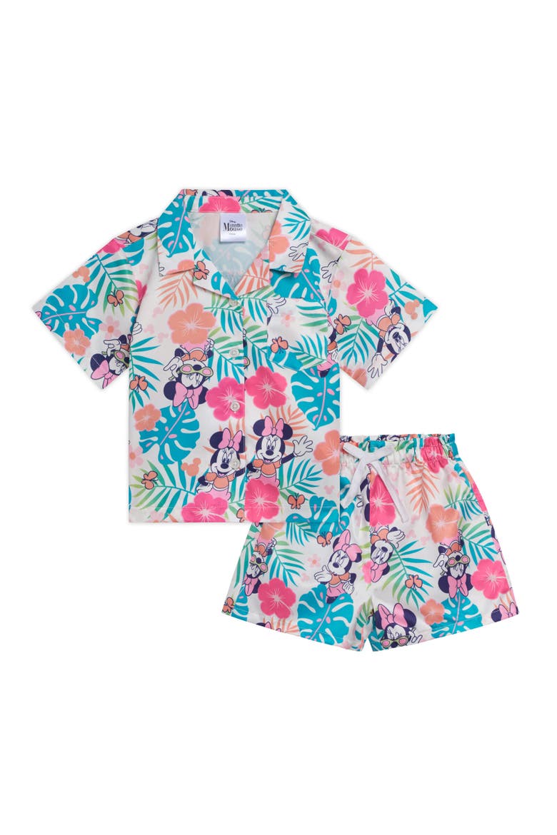 Mickey Mouse & Friends Button-Down T-Shirt & Shorts Set, Main, color, Minnie Mouse Turquoise