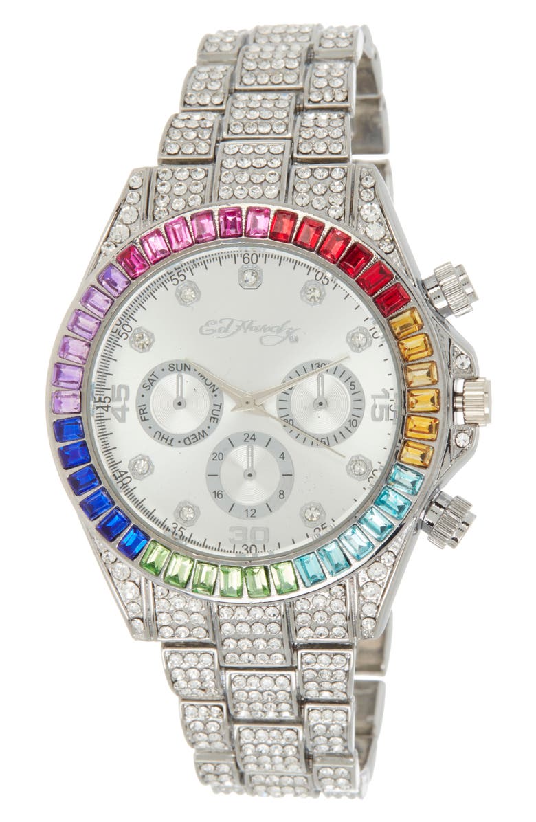 Ed Hardy Crystal Bracelet Strap Chronograph Watch, 40mm, Main, color, Shiny Silver