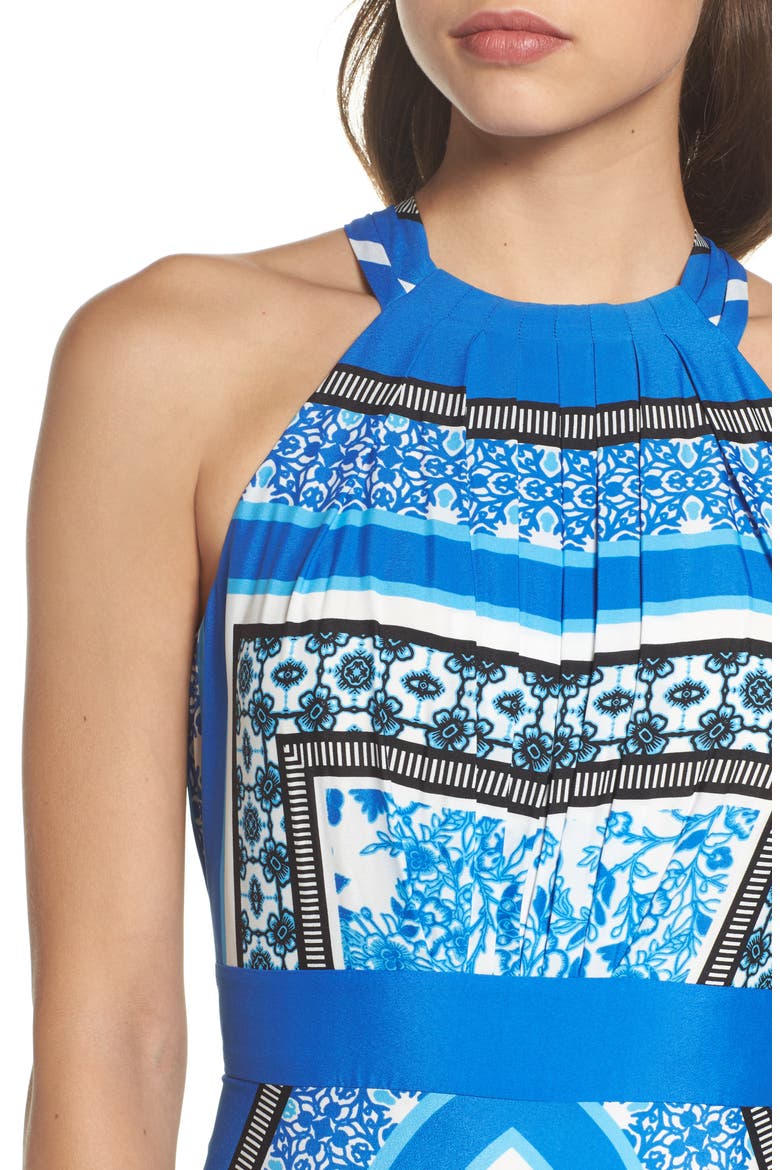 Scarf Print Halter Crêpe de Chine Maxi Dress, Alternate, color, BLUE