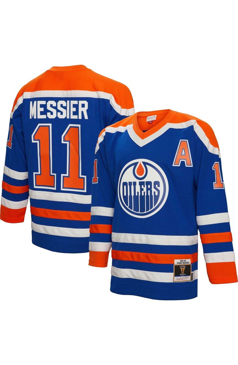 Mitchell & Ness Men's Mitchell & Ness Mark Messier Royal Edmonton Oilers Alternate Captain Patch 1986/87 Blue Line Player Jersey, Main, color, 