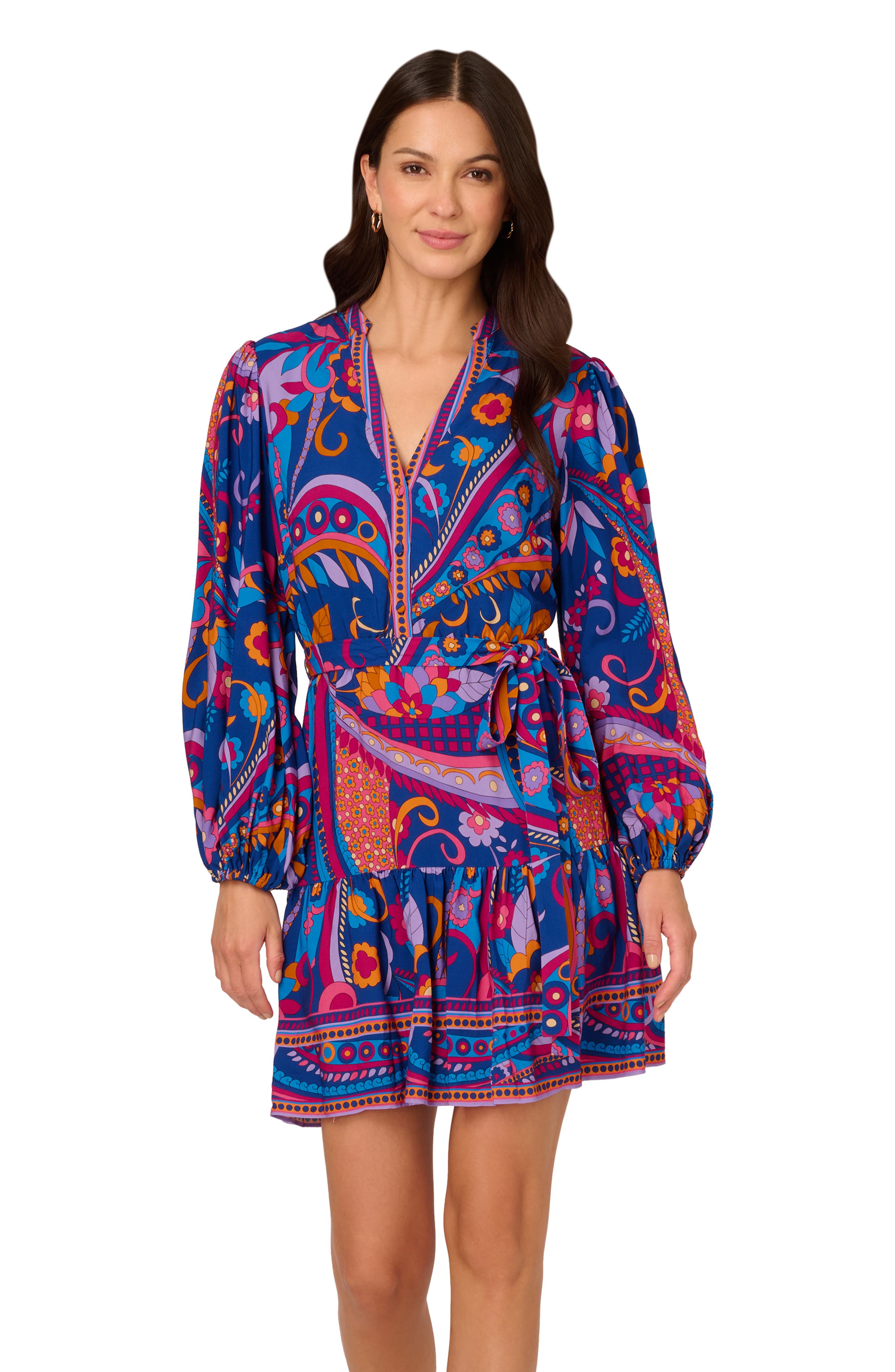 Женские Adrianna Papell Print Tie Waist Long Sleeve Dress — фото 6