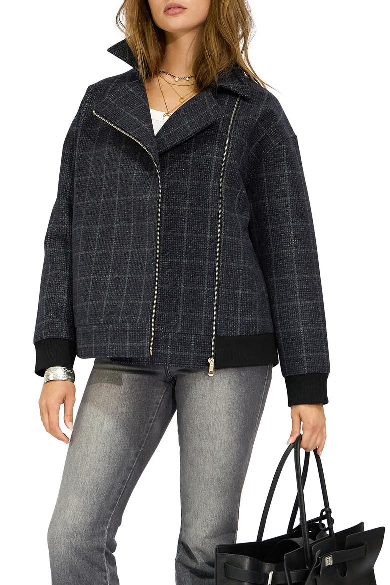 Love Cruise Checked Wool Blend Bomber Jacket, Main, color, BLACK CHECK