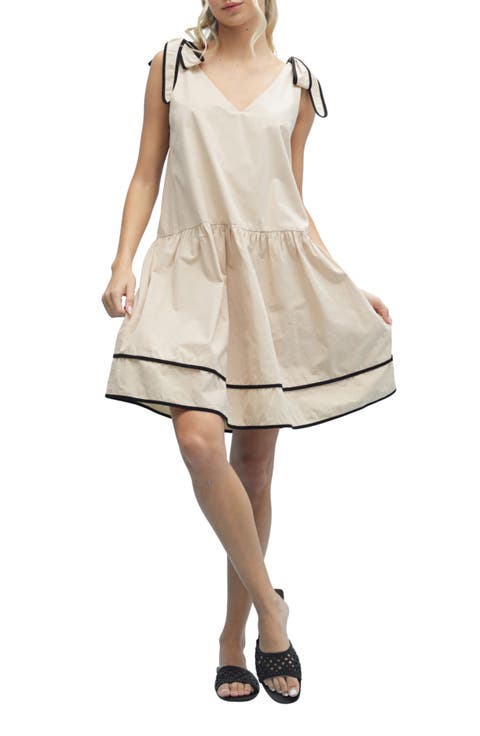 Contrast Bow Tiered Cotton Babydoll Dress