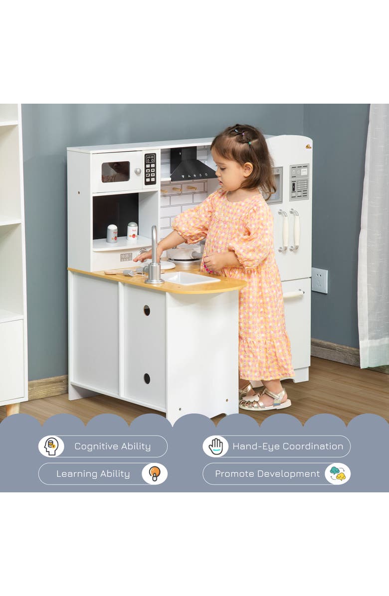 Qaba Kids Corner Kitchen Pretend Play Toy with Sound Effect, Appliances, Sink​, Alternate, color, White, Silver;