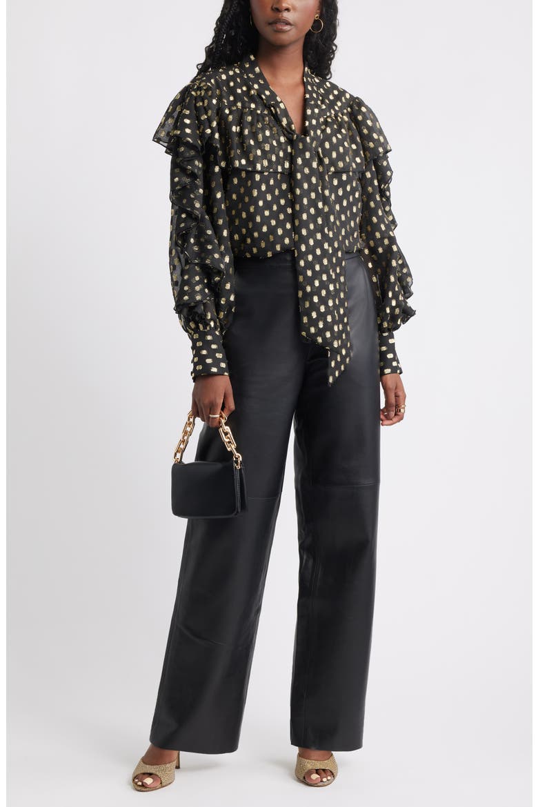 Tie Neck Metallic Chiffon Top, Alternate, color, BLACK LUREX DOT