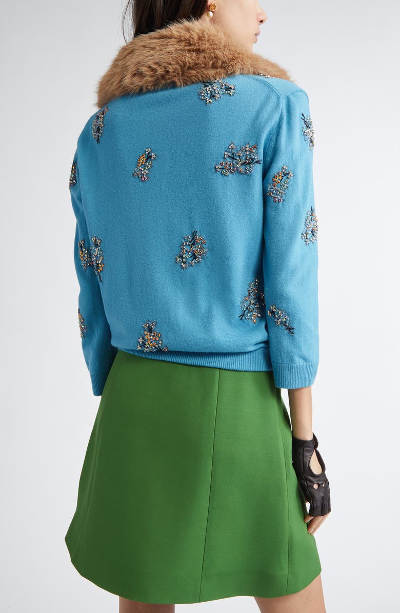 Valentino Garavani Embroidered Wool Cardigan with Removable Faux Fur Collar, Alternate, color, Blue