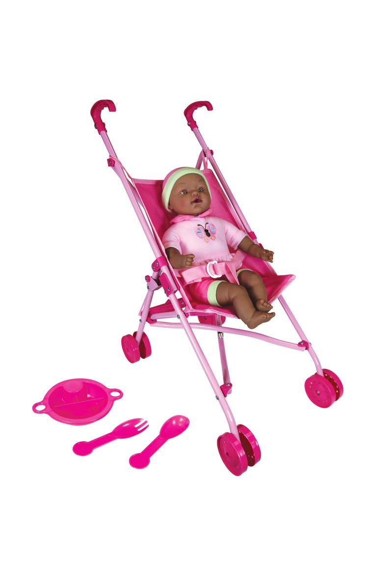 Umbrella Stroller & 16 Inch African American Doll, Pink & Green Butterfly, Main, color, Multicolored