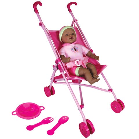 Umbrella Stroller & 16 Inch African American Doll, Pink & Green Butterfly