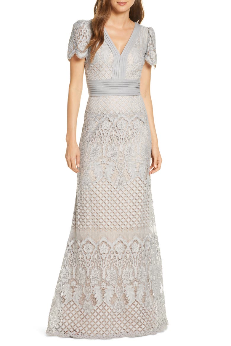 Embroidered Lace Evening Gown, Main, color, PEWTER/PETAL