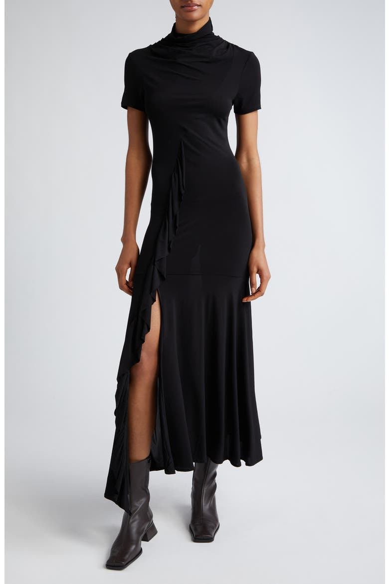 Wauto Funnel Neck Ruffle Detail Jersey Midi Dress, Main, color, BLACK