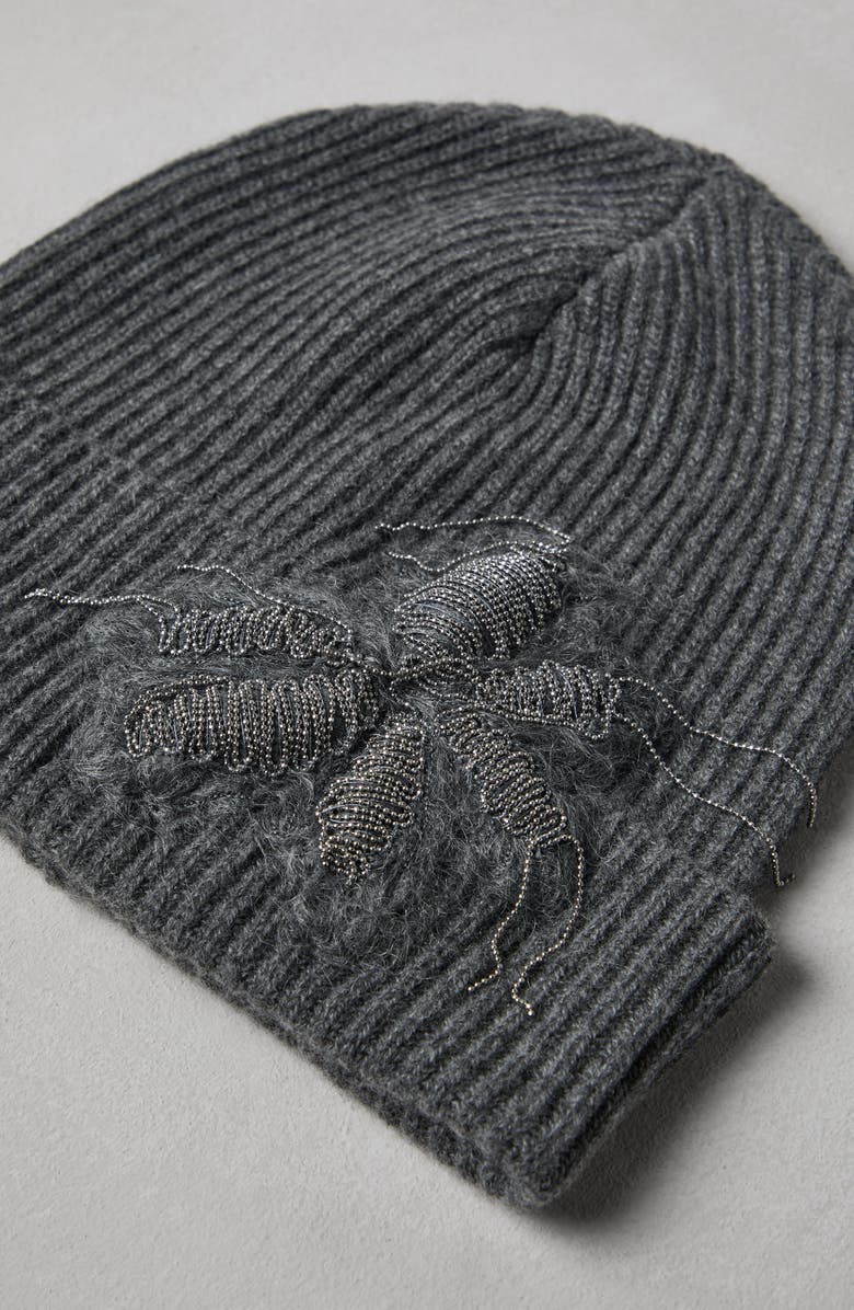 Brunello Cucinelli Cashmere rib knit beanie with precious flower crest, Alternate, color, 