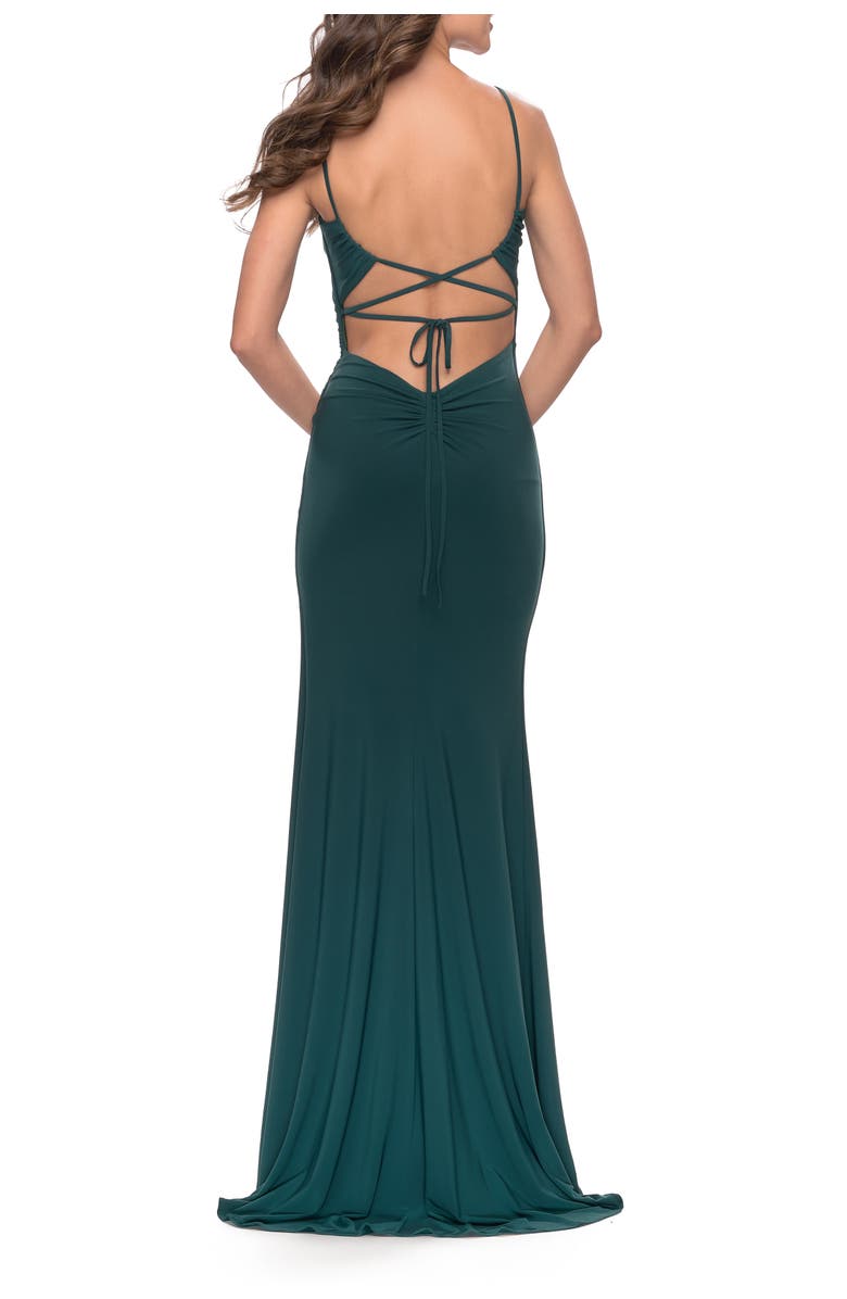 La Femme Elegant Jersey Dress with Ruching and Square Neckline, Alternate, color, Emerald